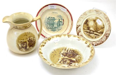 Lot 171 - Three pieces of Bruce Bairnsfather pottery, a 19th century plate 'Present, Our Defenders' (a.f.)