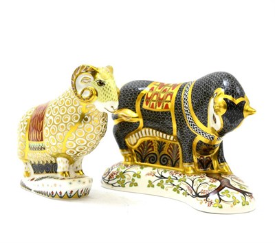 Lot 181 - Royal Crown Derby Grecian Bull and Royal Crown Derby Ram of Colchis, both with gold stoppers,...