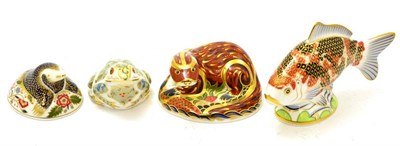 Lot 182 - A Royal Crown Derby Koi Carp, Otter, Marsh Frog and Mole (4)