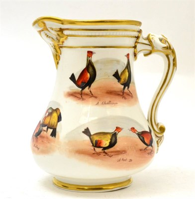 Lot 186 - A Victorian water jug painted with cock fighting scenes after Alken, each vignette titled,...