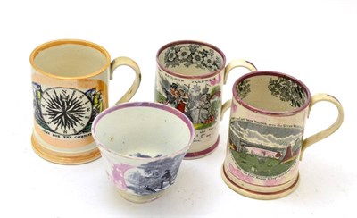 Lot 188 - Three Sunderland lustre frog mugs and a Sunderland lustre bowl transfer decorated with a...