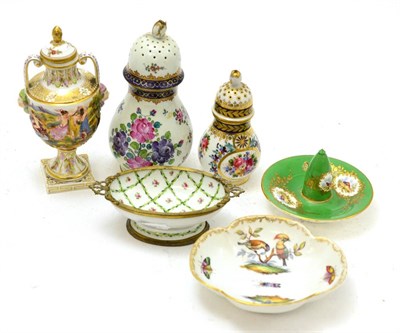 Lot 190 - Two Sampson of Paris casters, a Capodimonte urn and cover, a snuffer stand and two dishes