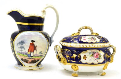 Lot 191 - An English blue and gilt decorated water jug and a Derby sugar bowl and cover