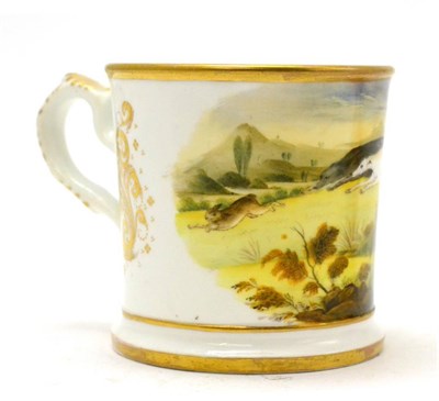 Lot 219 - A bone china mug painted with a hare coursing scene