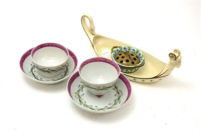 Lot 227 - A Wedgwood Queens ware stand, two English porcelain tea bowls and saucers and a pot pourri