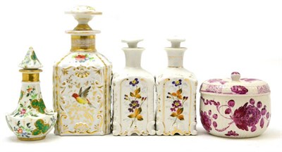 Lot 230 - Four porcelain scent bottles and stoppers and a bowl and cover