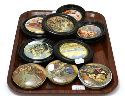 Lot 234 - A collection of Prattware and later pot lids, some framed