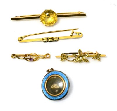 Lot 251 - A diamond bar brooch, an enamel pendant and three bar brooches