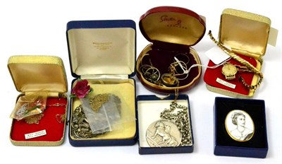 Lot 254 - A coin ring, a Rotary watch, a nurse's buckle, pendants, chains, rings etc