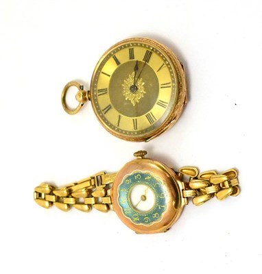 Lot 273 - A small pocket watch stamped '14K' and a 9ct gold wristwatch