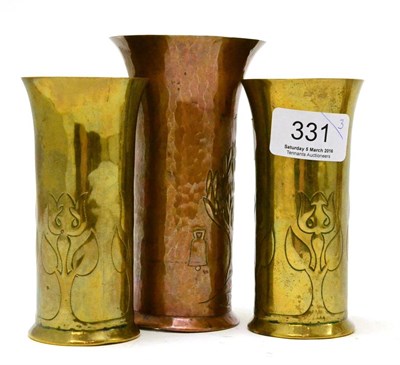 Lot 331 - A pair of Keswick School of Industrial Art brass vases and a similar copper vase (3)