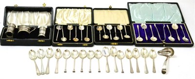 Lot 359 - Silver comprising three cased sets of spoons, a cased condiment set and assorted loose cutlery