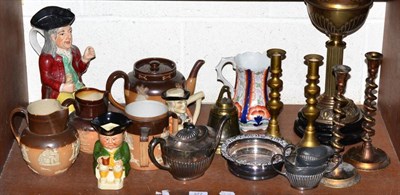 Lot 377 - A group of character jugs, sprigged stoneware including jugs, teapot and a tyg, brass oil lamp,...