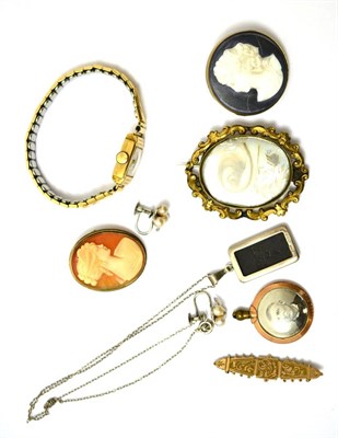 Lot 383 - Four brooches, pair of earrings stamped 9ct, pendant on a white metal chain, photo locket,...