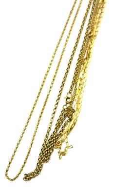 Lot 394 - A 9ct gold belcher link chain, a 9ct gold trace link chain, two chains stamped '14' and a gilt...