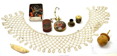 Lot 404 - Decorative jewellery, brooches, painted hinged tin, beadwork, cut steel etc