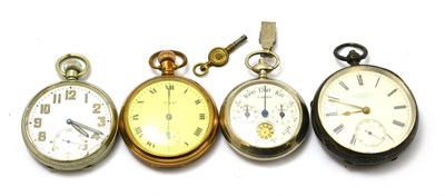 Lot 419 - A silver pocket watch, pedometer, plated pocket watch and a nickel plated pocket watch (4)