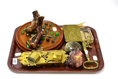 Lot 456 - A group of miscellaneous items including a 19th century brass cribbage board and wall mounted match