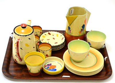 Lot 466 - A Susie Cooper coffee set, coffee pot, six saucers and five coffee cans, Clarice Cliff tea...