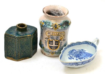 Lot 472 - Chinese blue and white porcelain sauce boat, Chinese turquoise glazed pottery tea canister and...