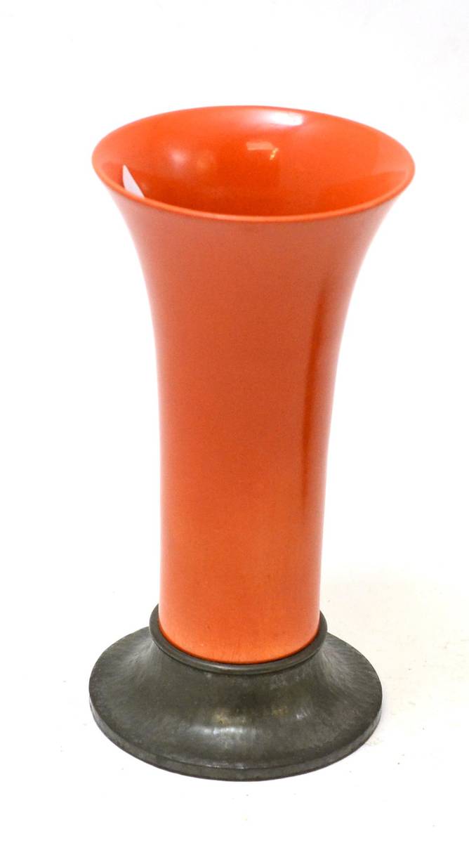 Lot 484 - A Moorcroft pottery trumpet vase with orange glaze and tudric pewter foot, no 01310