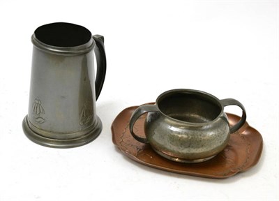 Lot 492 - A Tudric pewter tankard shape 053, an English pewter twin-handled sugar bowl shape 01075 and a...