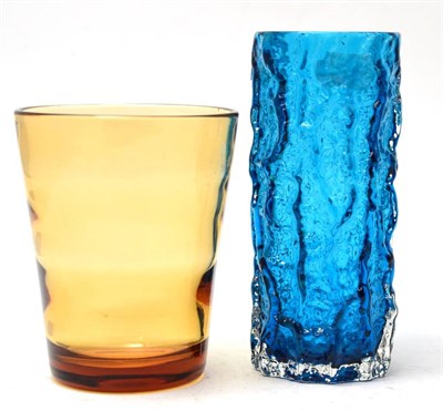 Lot 493 - A Whitefriars kingfisher blue bark effect vase 0696 and a Whitefriars amber coloured vase (2)