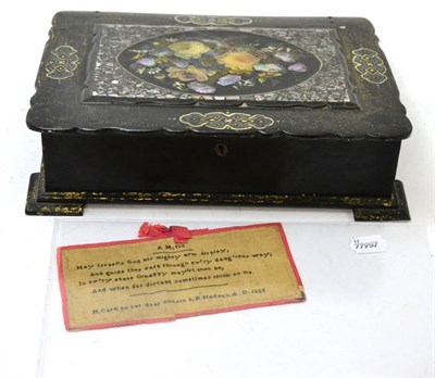 Lot 502 - A Georgian sewn silk map, Regency embroidered motto and Victorian papier mache writing box