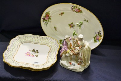 Lot 518 - Two Nantgaru style square dishes, a French meat plate and a German figure group