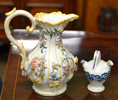 Lot 526 - An Italian 19th century Nove jug, together with a Delft pot 18th/19th century