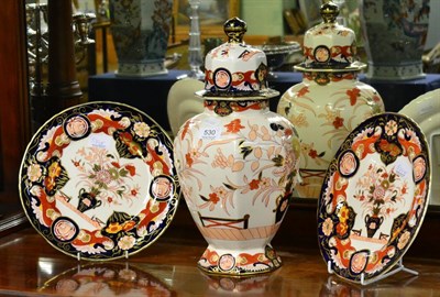 Lot 530 - A Masons Imari baluster jar and cover together with a pair of matching plates