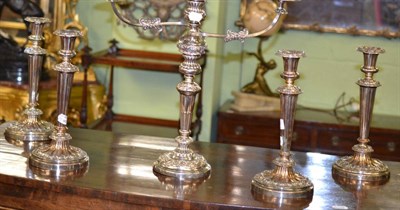 Lot 534 - A set of Old Sheffield Plate candlesticks and a similar two branch three light candelabrum (one...