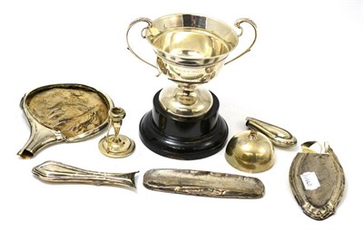 Lot 564 - Silver two handled trophy, London hallmark, ebonised stand, small quantity of scrap silver