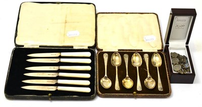 Lot 566 - A cased set of six silver mother-of-pearl handled fruit knives, cased set of six silver...