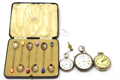 Lot 571 - A cased set of silver coffee spoons, two silver cased pocket watches and one other