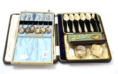 Lot 573 - A cased set of twelve silver teaspoons and tongs, cased set of six teaspoons, composite set, silver