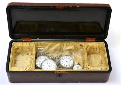 Lot 574 - Three silver cased and one other pocket/fob watches in a Japanese lacquered box