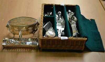 Lot 585 - A small quantity of silver cutlery, silver box and two silver lidded glass jars and a quantity...