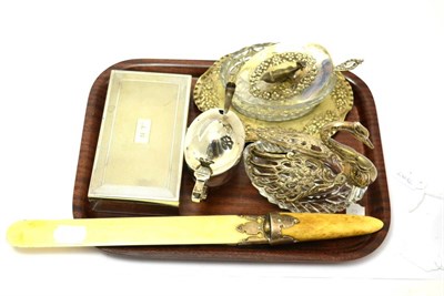 Lot 586 - A small quantity including a silver mustard, a silver mounted ivory page turner, silver plated...