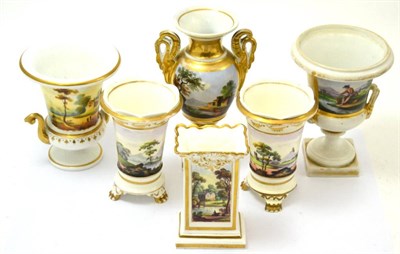 Lot 587 - A group of six painted porcelain urns and vases, possibly Ridgeway, decorated with landscapes