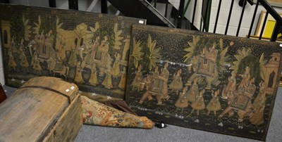 Lot 1005 - Two Indian painted fabric panels depicting figures riding elephants, together with an 18th...