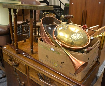 Lot 1016 - A group of copper and brass including tray top table, coal scuttle, fish kettle, copper horn...