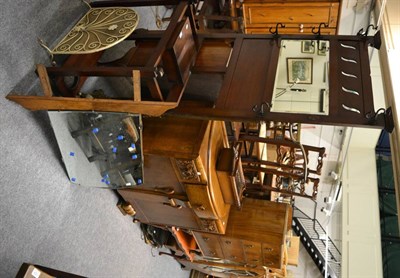 Lot 1022 - Group of furniture comprising mirror backed hall stand, mesh fire guard, 1920's oak sideboard, wall