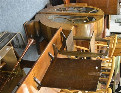 Lot 1024 - Art Deco walnut vitrine cabinet, together with a folding cake stand and fire guard of similar...