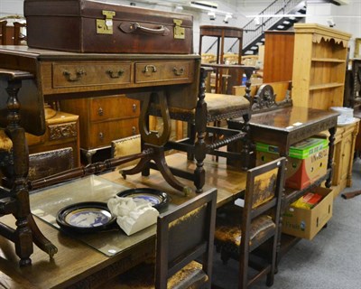 Lot 1031 - Group of furniture comprising and oak buffet, sofa table with lyre base, leather suitcase and...