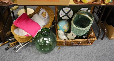 Lot 1067 - A triple head doll and cradle, assorted sticks, pottery spirit barrel, globes, Staffordshire...