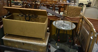 Lot 1094 - A group of furniture comprising a pine blanket box, a Lloyd Loom style ottoman, painted teak...