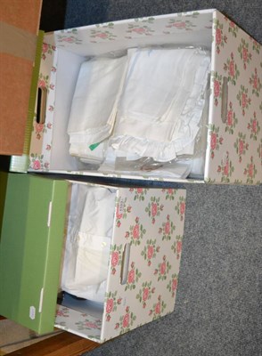 Lot 1103 - Two boxes of assorted white linen, embroidered linens, bed linen, coloured cotton place mats,...