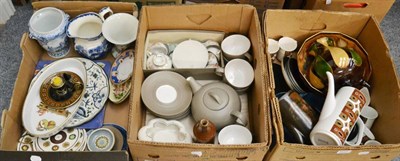 Lot 1131 - Three boxes of assorted ceramics including Royal Copenhagen Christmas plate, blue and white, Meakin