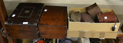 Lot 1133 - A small group of vintage cameras, a 19th century brass bound rosewood writing slope and another box